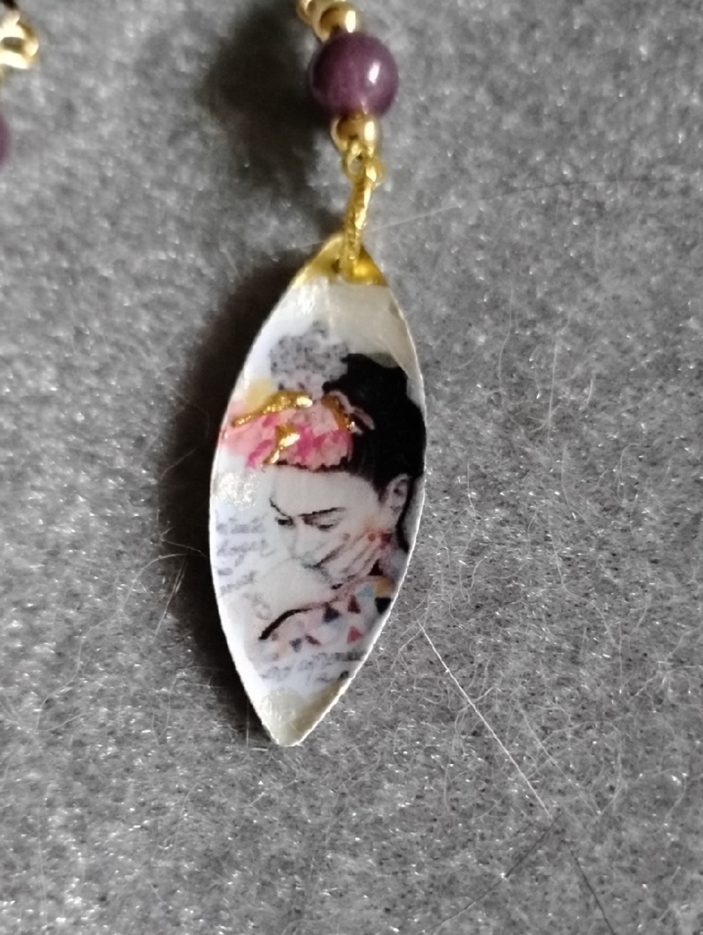 Hand Crafted Frida Kahlo Portrait Dangle Earrings With Purple Quartz and Gold - Picture 2 of 5